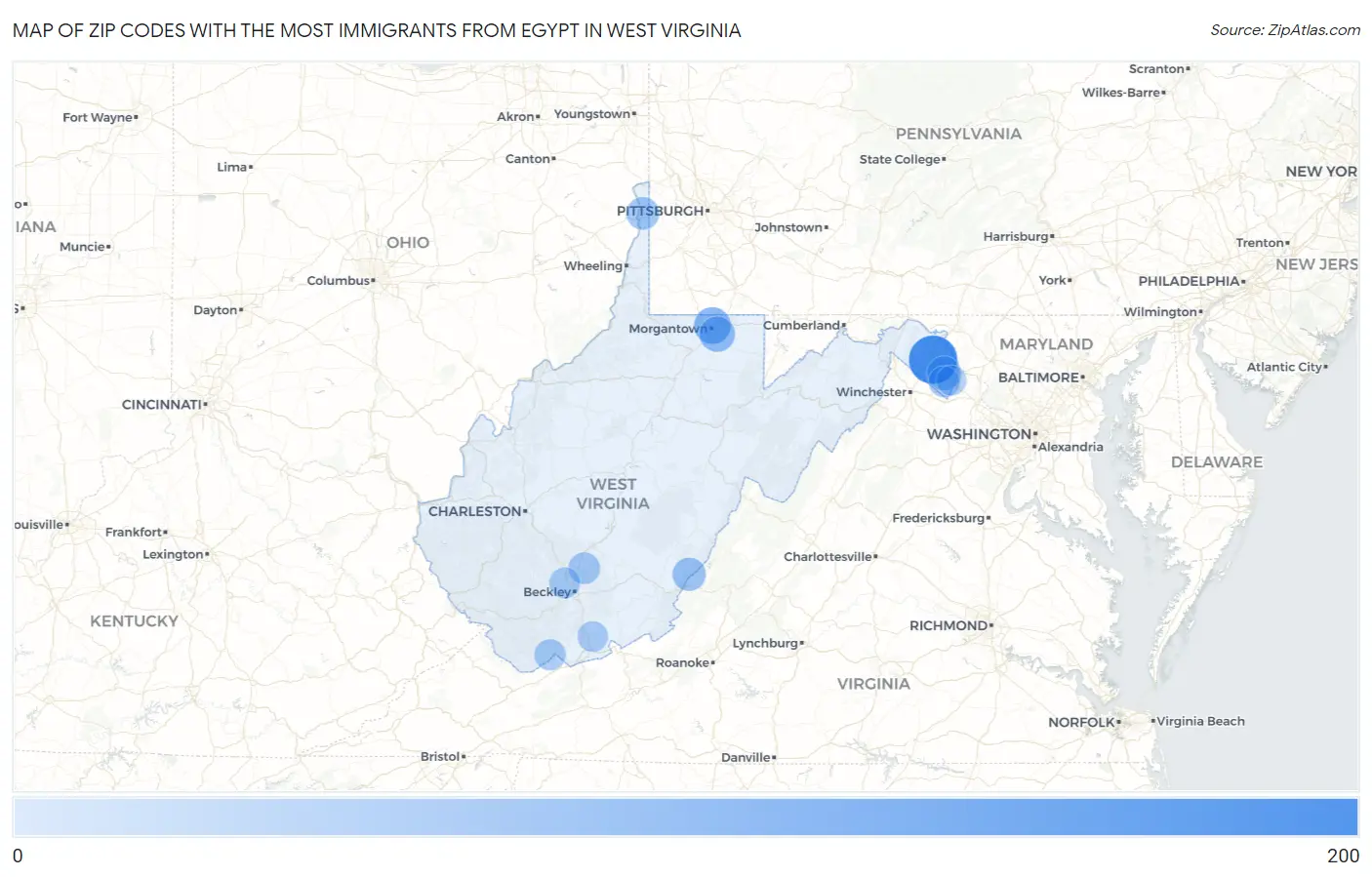 Zip Codes with the Most Immigrants from Egypt in West Virginia Map