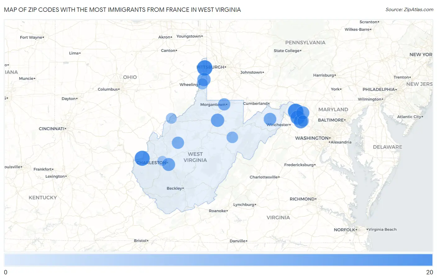 Zip Codes with the Most Immigrants from France in West Virginia Map