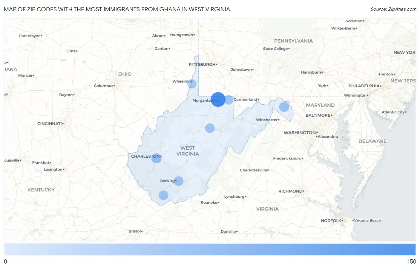 Zip Codes with the Most Immigrants from Ghana in West Virginia Map