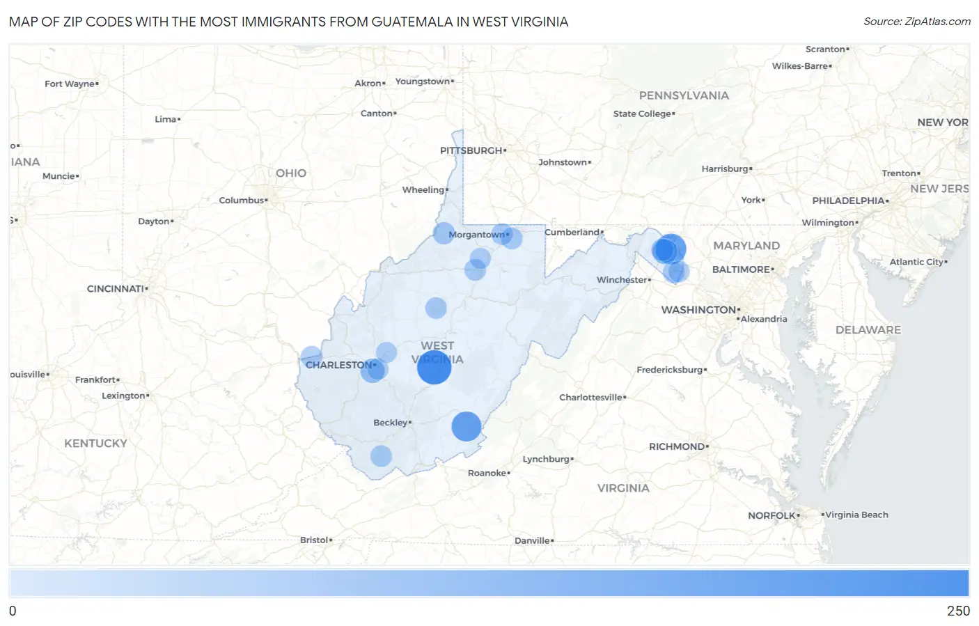Zip Codes with the Most Immigrants from Guatemala in West Virginia Map
