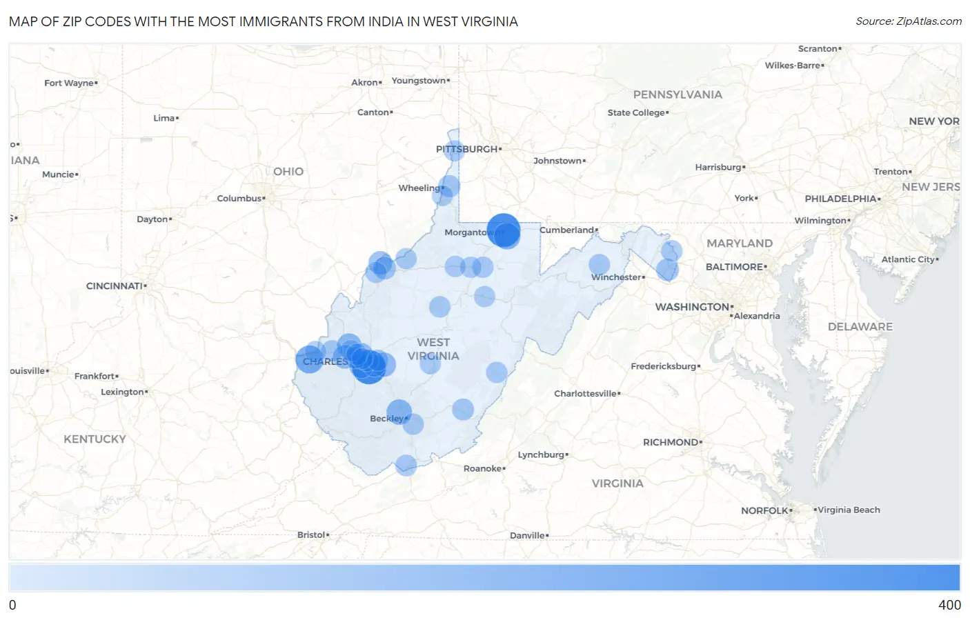 Zip Codes with the Most Immigrants from India in West Virginia Map