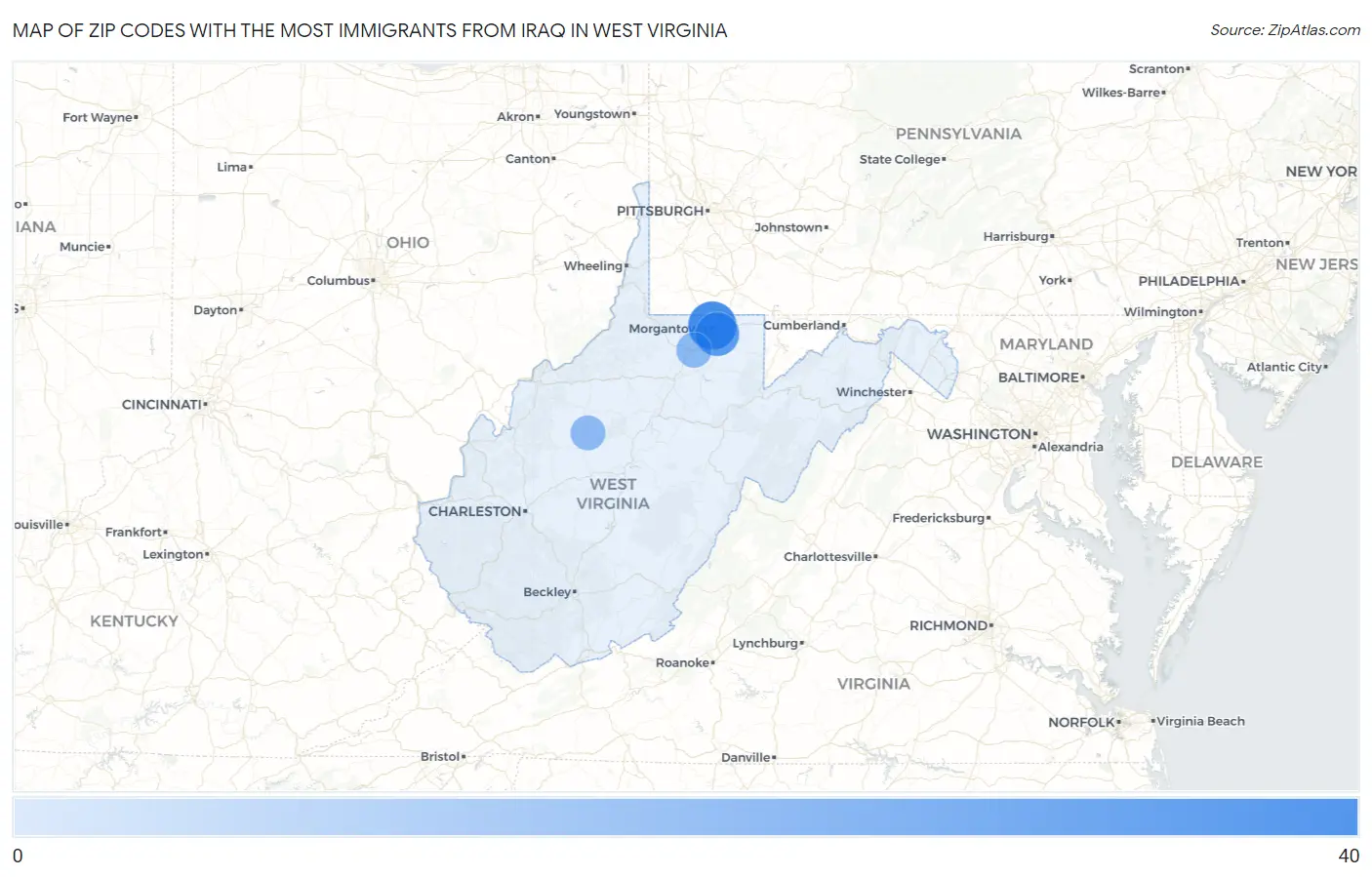 Zip Codes with the Most Immigrants from Iraq in West Virginia Map