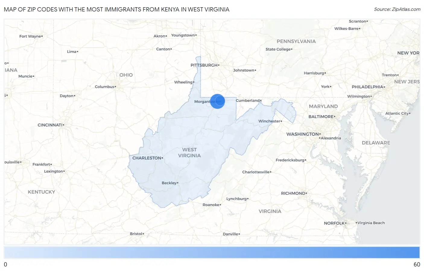 Zip Codes with the Most Immigrants from Kenya in West Virginia Map