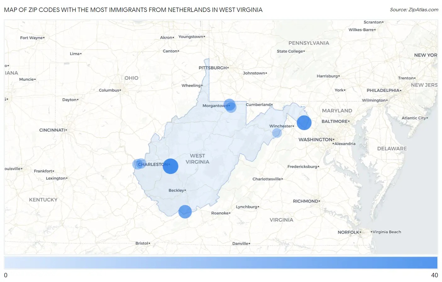 Zip Codes with the Most Immigrants from Netherlands in West Virginia Map
