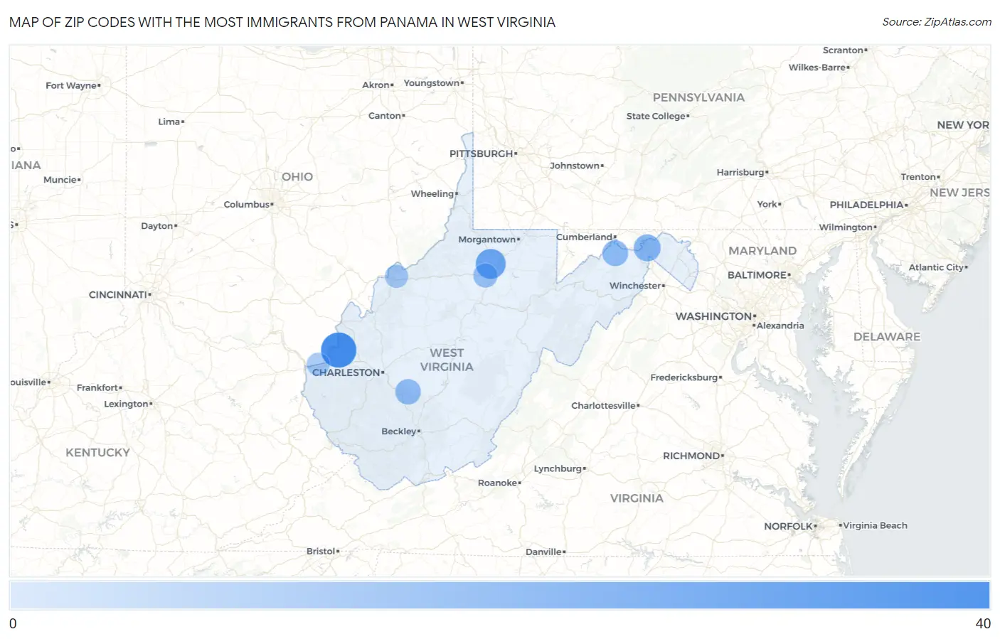 Zip Codes with the Most Immigrants from Panama in West Virginia Map