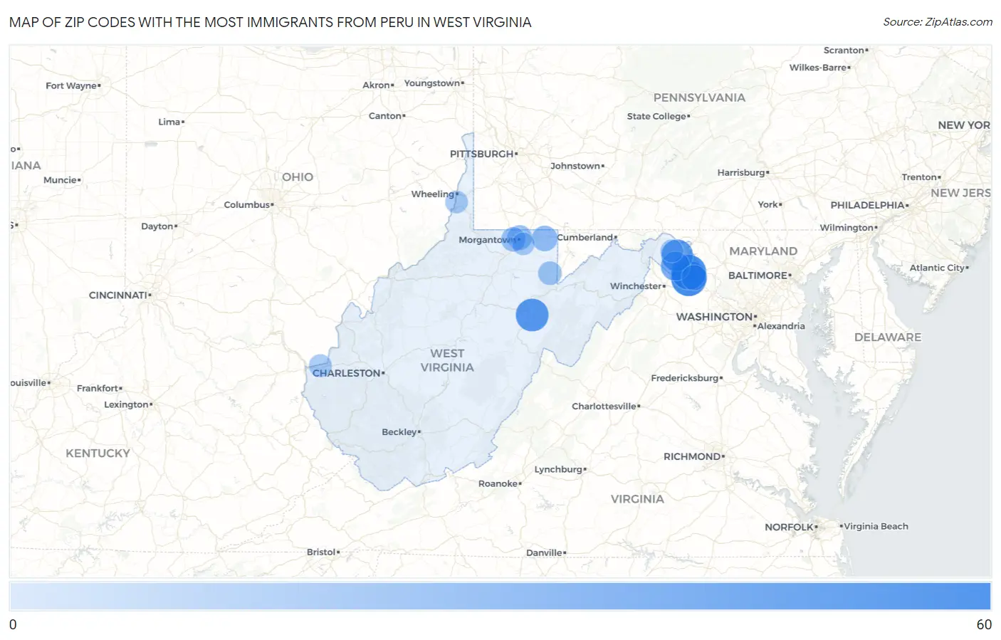 Zip Codes with the Most Immigrants from Peru in West Virginia Map