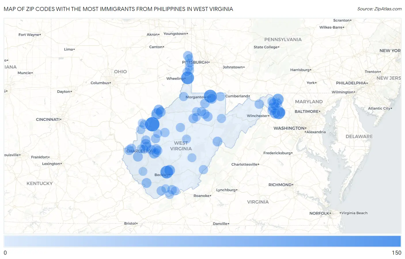 Zip Codes with the Most Immigrants from Philippines in West Virginia Map