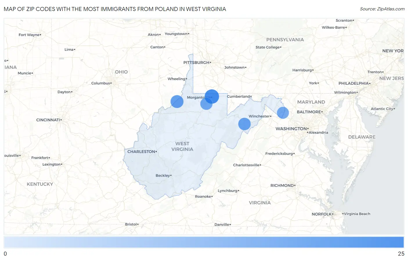 Zip Codes with the Most Immigrants from Poland in West Virginia Map