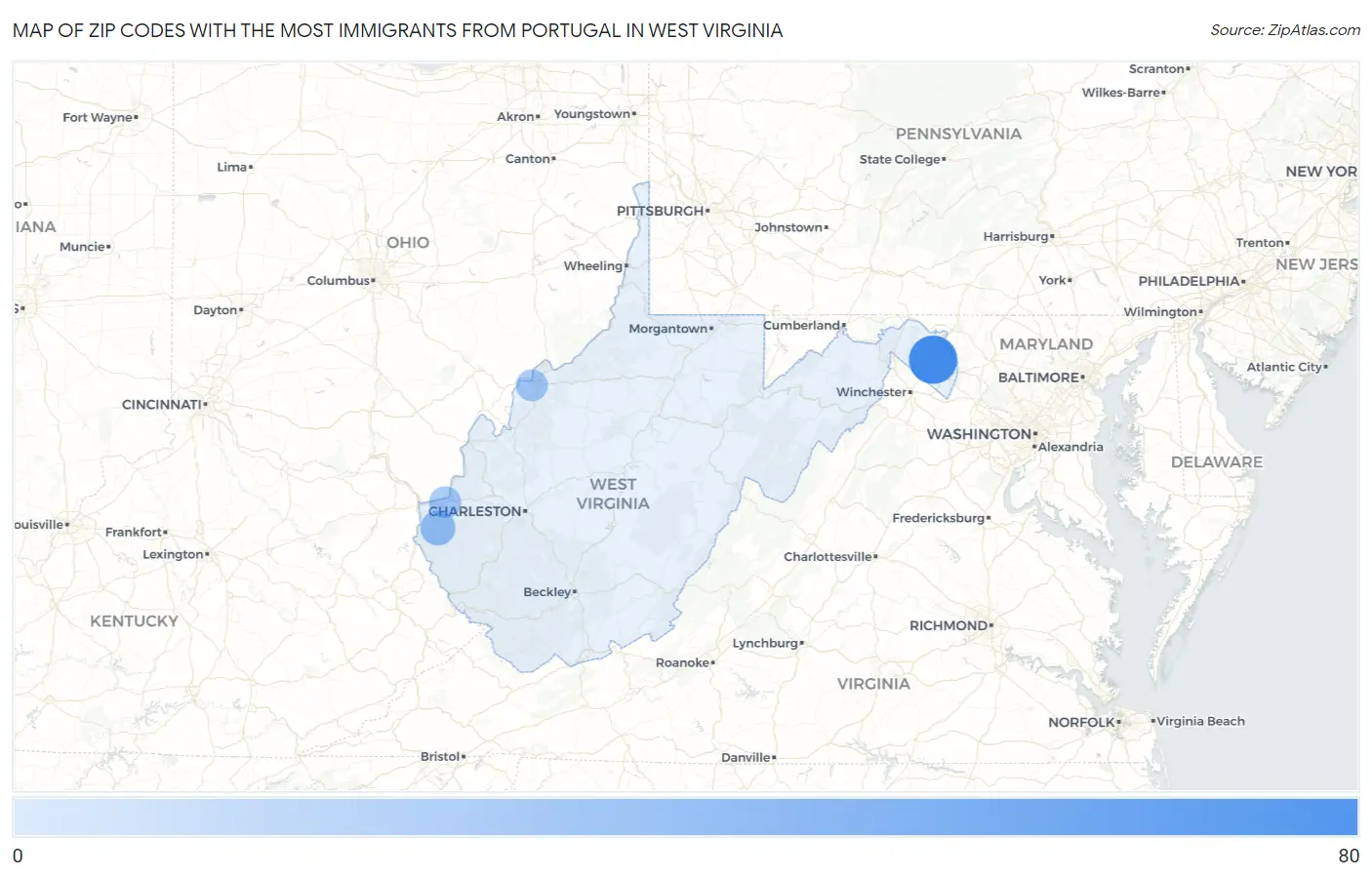 Zip Codes with the Most Immigrants from Portugal in West Virginia Map