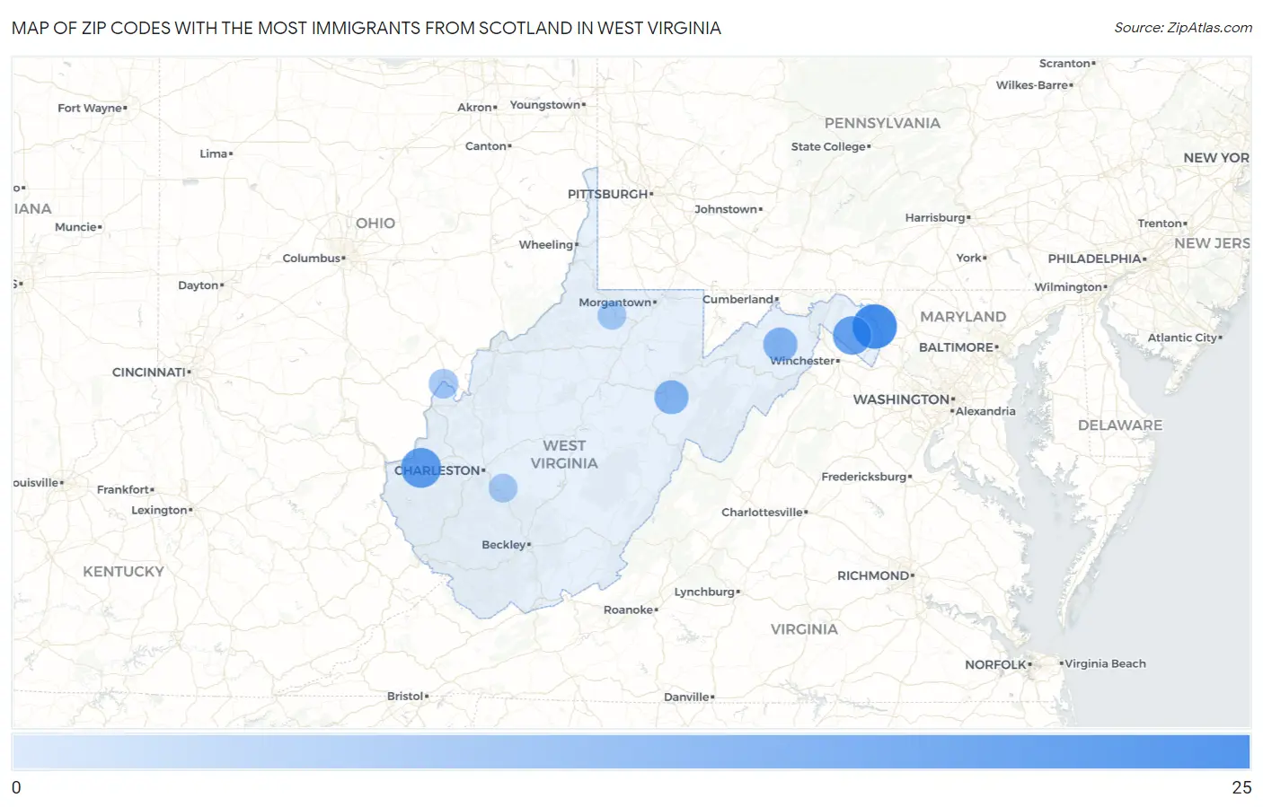 Zip Codes with the Most Immigrants from Scotland in West Virginia Map
