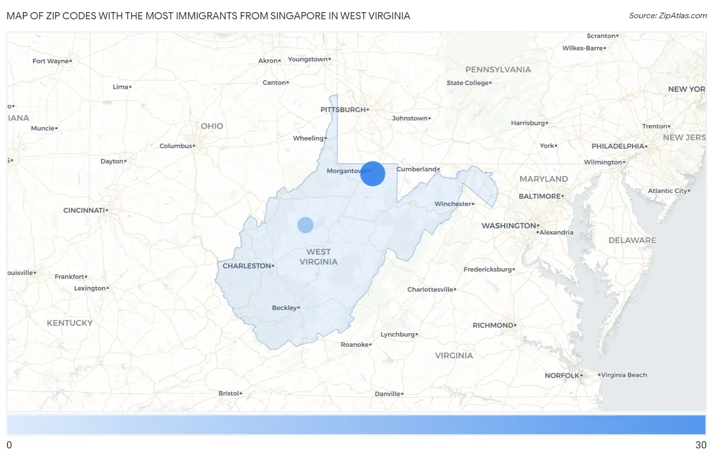 Zip Codes with the Most Immigrants from Singapore in West Virginia Map