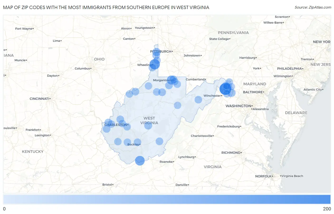 Zip Codes with the Most Immigrants from Southern Europe in West Virginia Map