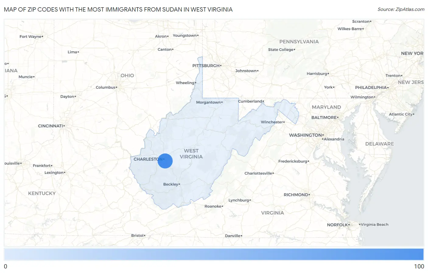 Zip Codes with the Most Immigrants from Sudan in West Virginia Map