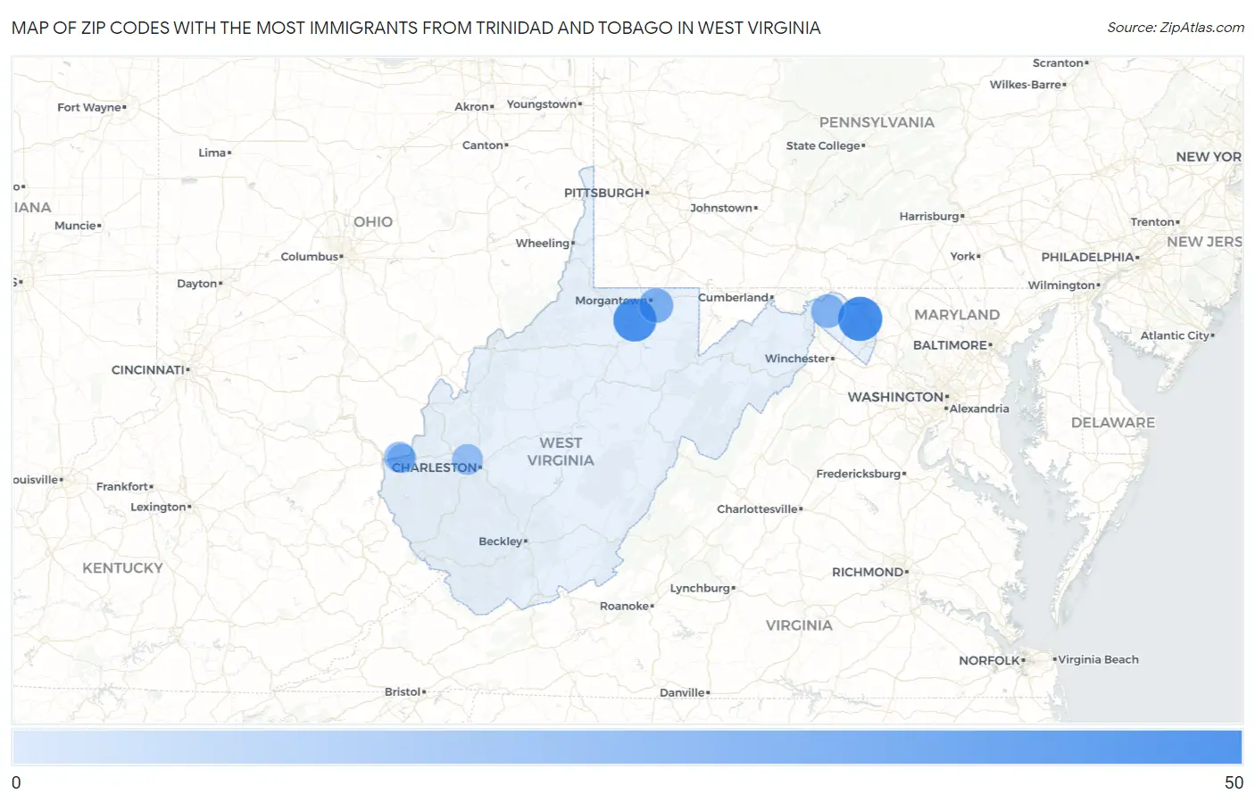 Zip Codes with the Most Immigrants from Trinidad and Tobago in West Virginia Map