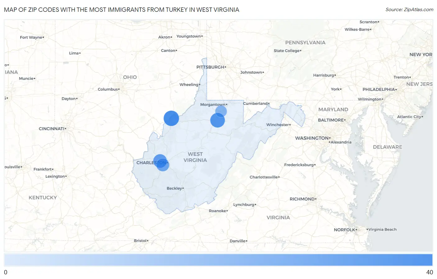 Zip Codes with the Most Immigrants from Turkey in West Virginia Map