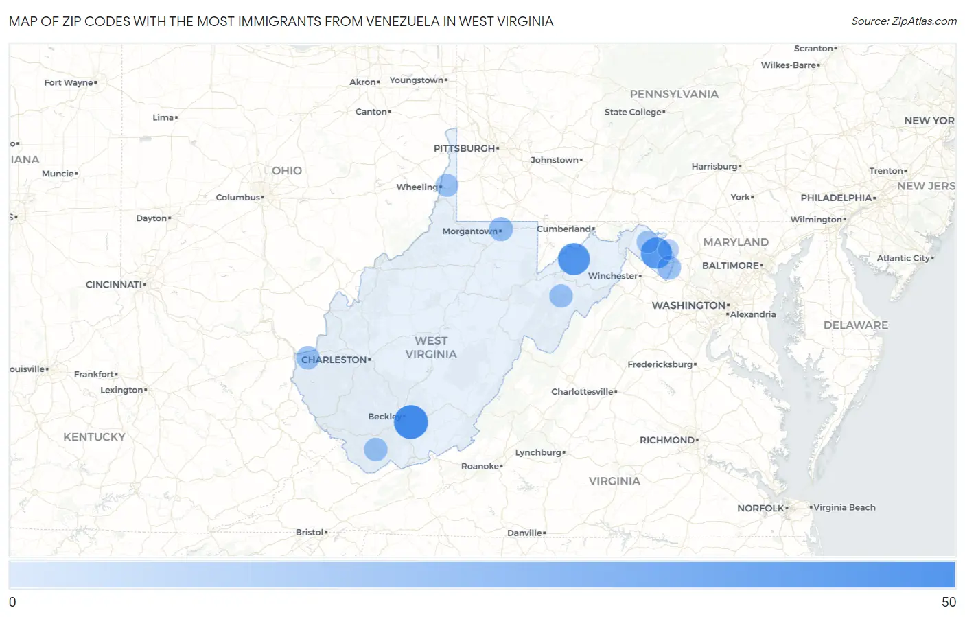 Zip Codes with the Most Immigrants from Venezuela in West Virginia Map