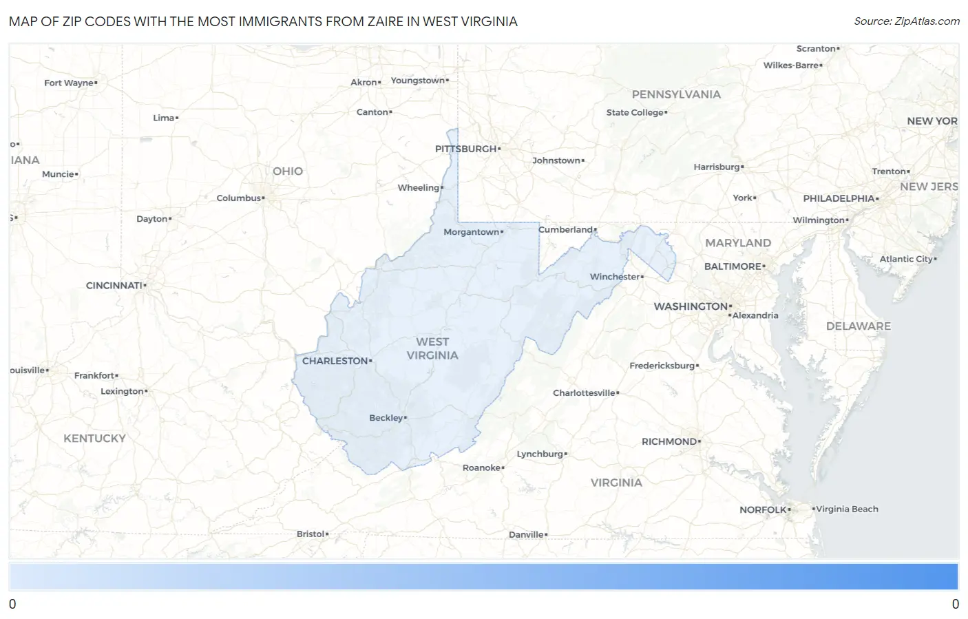 Zip Codes with the Most Immigrants from Zaire in West Virginia Map