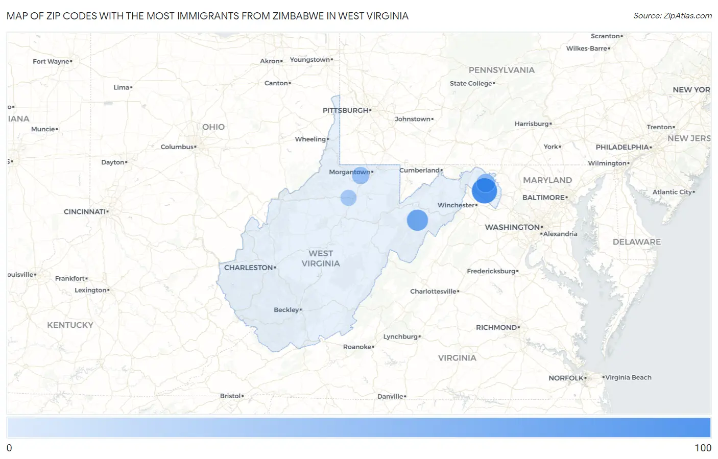Zip Codes with the Most Immigrants from Zimbabwe in West Virginia Map