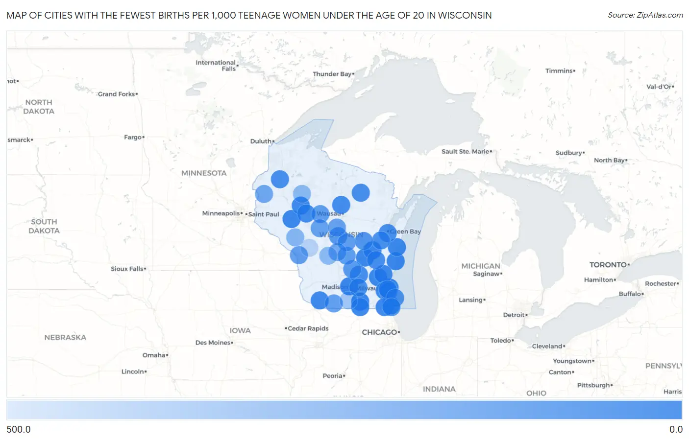 Cities with the Fewest Births per 1,000 Teenage Women Under the Age of 20 in Wisconsin Map