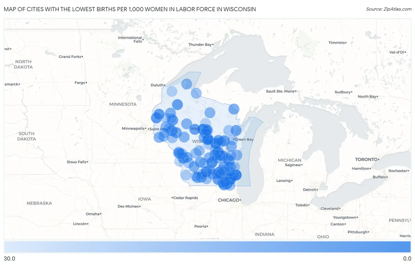 Cities with the Lowest Births per 1,000 Women in Labor Force in Wisconsin Map