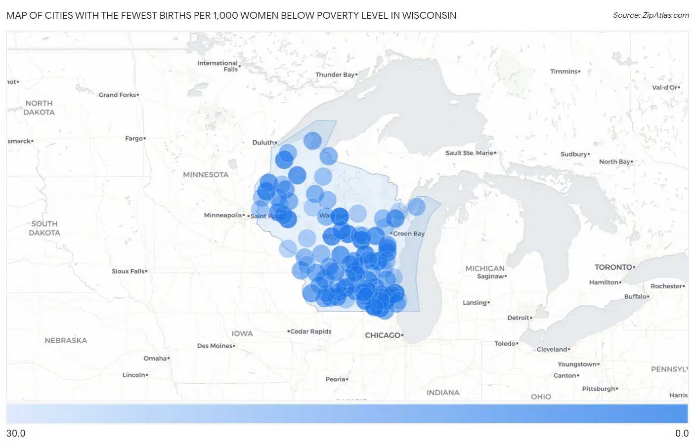 Cities with the Fewest Births per 1,000 Women Below Poverty Level in Wisconsin Map