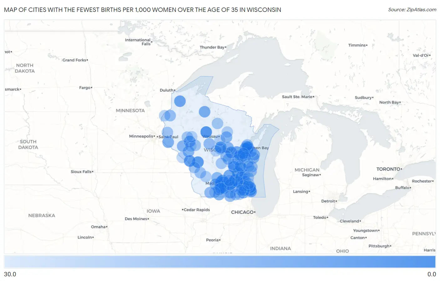 Cities with the Fewest Births per 1,000 Women Over the Age of 35 in Wisconsin Map