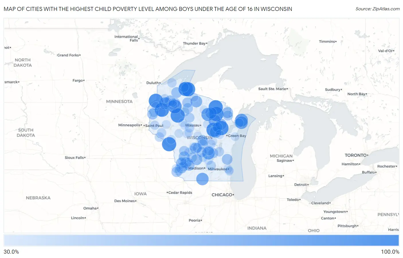 Cities with the Highest Child Poverty Level Among Boys Under the Age of 16 in Wisconsin Map