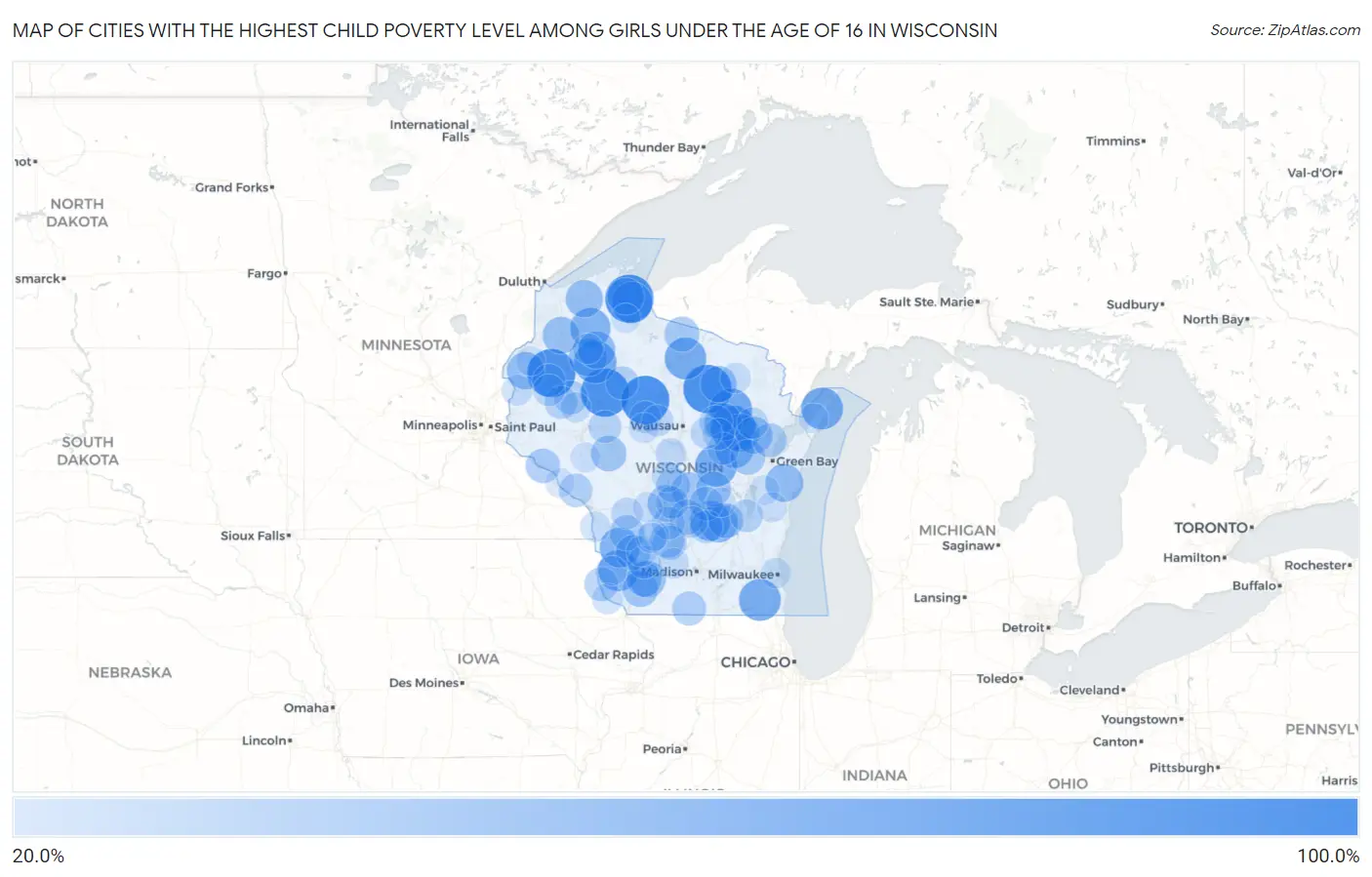 Cities with the Highest Child Poverty Level Among Girls Under the Age of 16 in Wisconsin Map