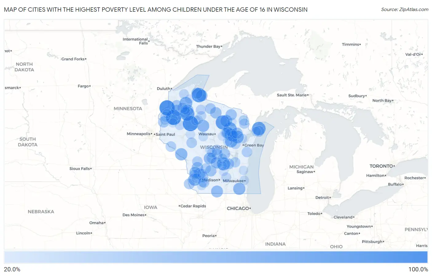 Cities with the Highest Poverty Level Among Children Under the Age of 16 in Wisconsin Map