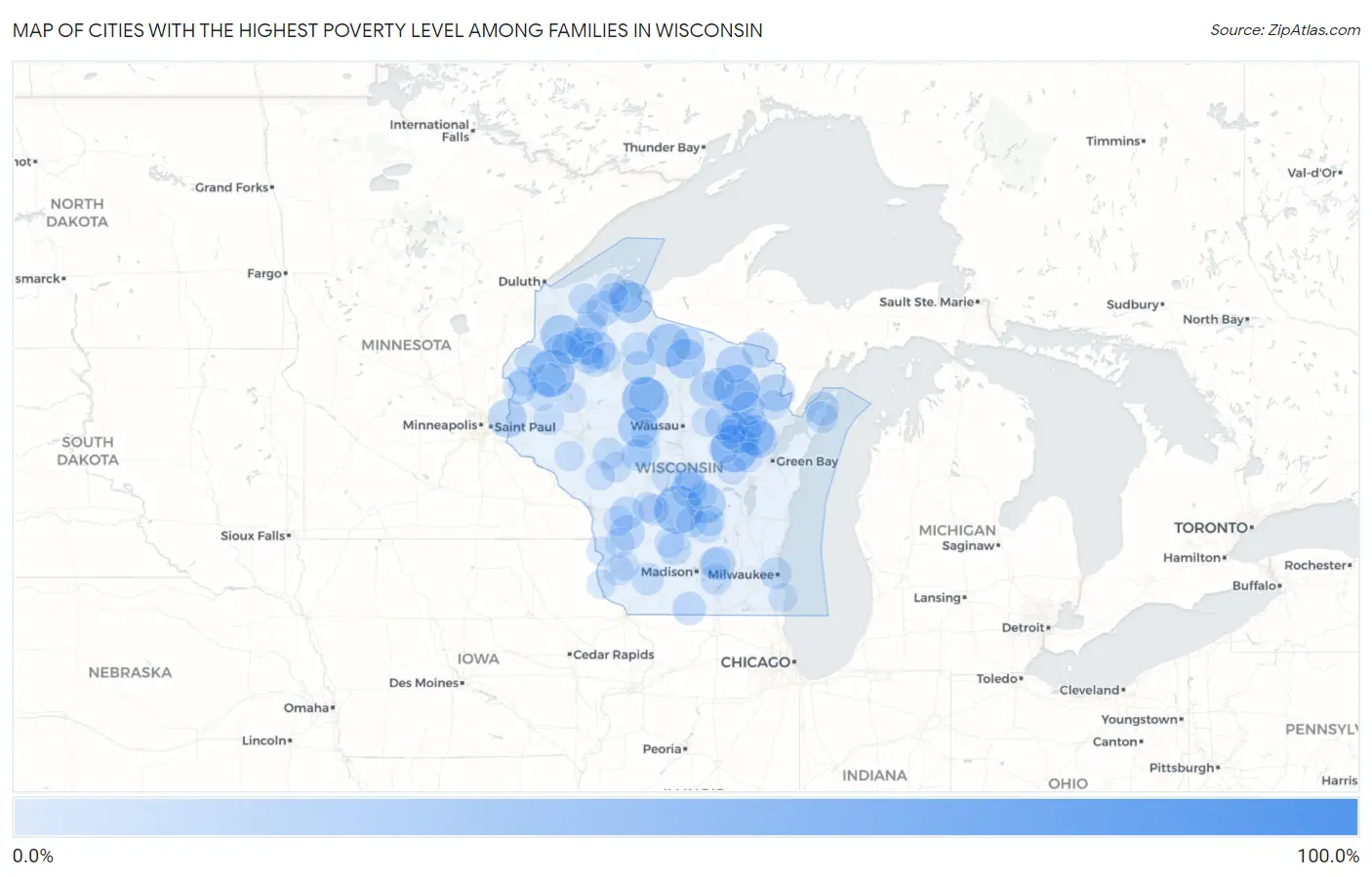 Cities with the Highest Poverty Level Among Families in Wisconsin Map