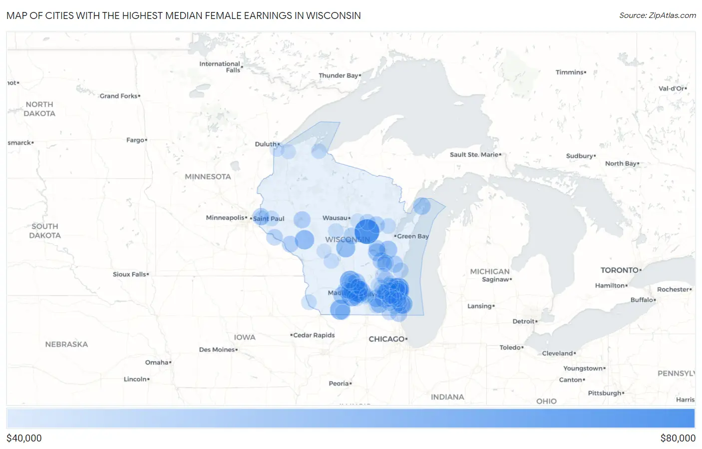 Cities with the Highest Median Female Earnings in Wisconsin Map