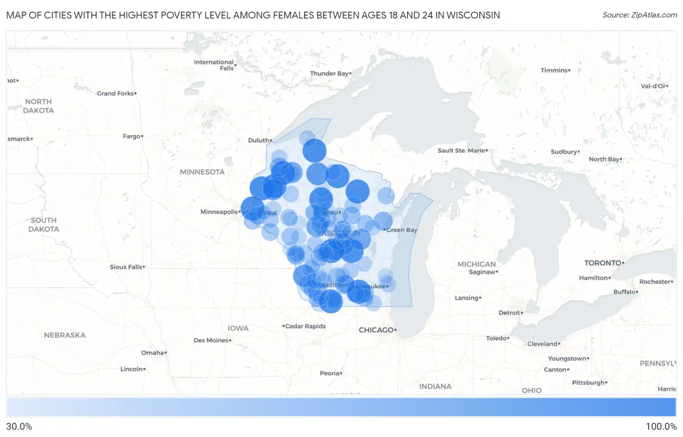 Cities with the Highest Poverty Level Among Females Between Ages 18 and 24 in Wisconsin Map