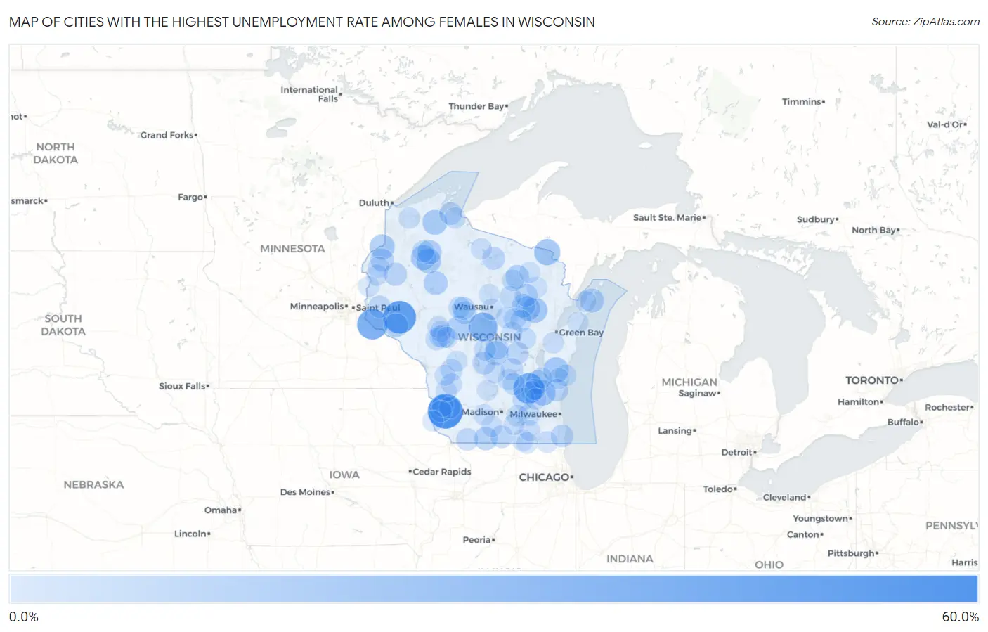 Cities with the Highest Unemployment Rate Among Females in Wisconsin Map