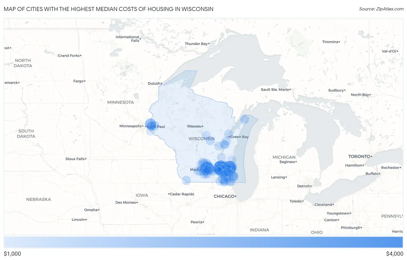 Cities with the Highest Median Costs of Housing in Wisconsin Map
