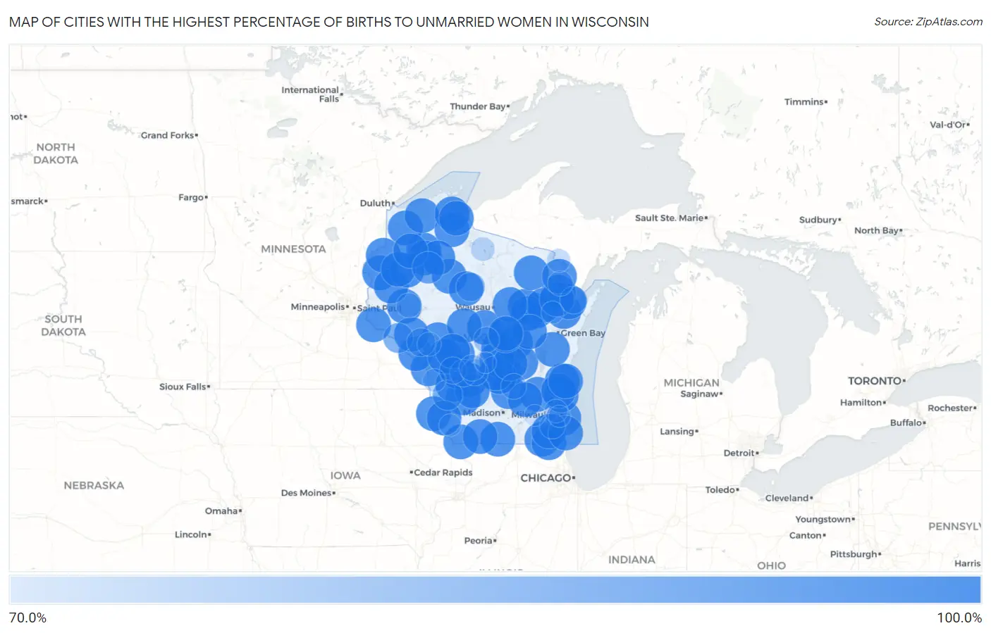 Cities with the Highest Percentage of Births to Unmarried Women in Wisconsin Map