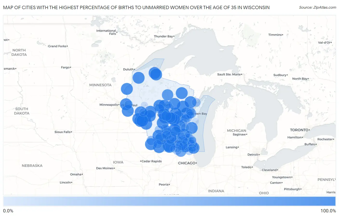 Cities with the Highest Percentage of Births to Unmarried Women over the Age of 35 in Wisconsin Map