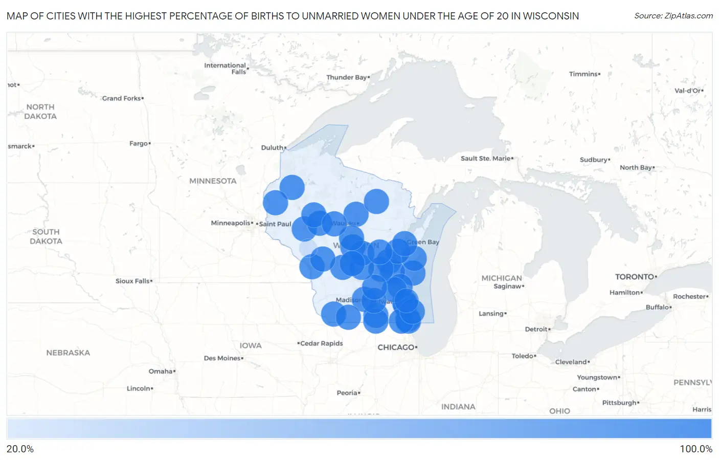 Cities with the Highest Percentage of Births to Unmarried Women under the Age of 20 in Wisconsin Map