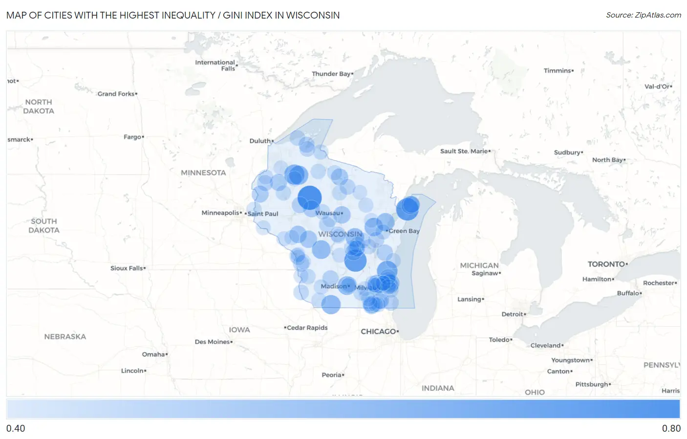 Cities with the Highest Inequality / Gini Index in Wisconsin Map