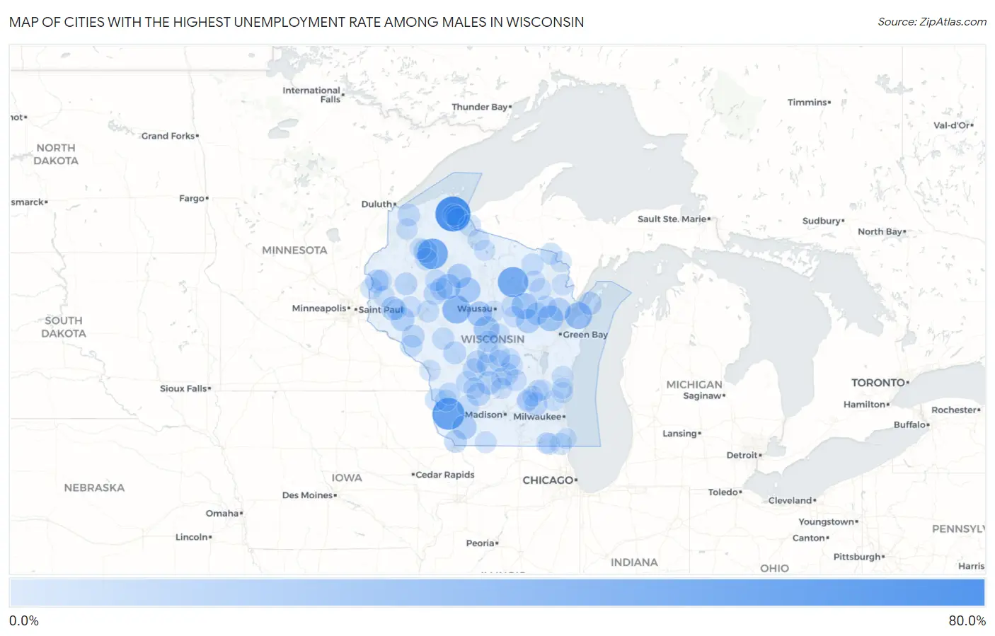 Cities with the Highest Unemployment Rate Among Males in Wisconsin Map