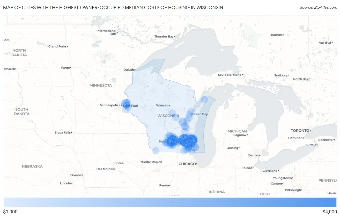 Cities with the Highest Owner-Occupied Median Costs of Housing in Wisconsin Map