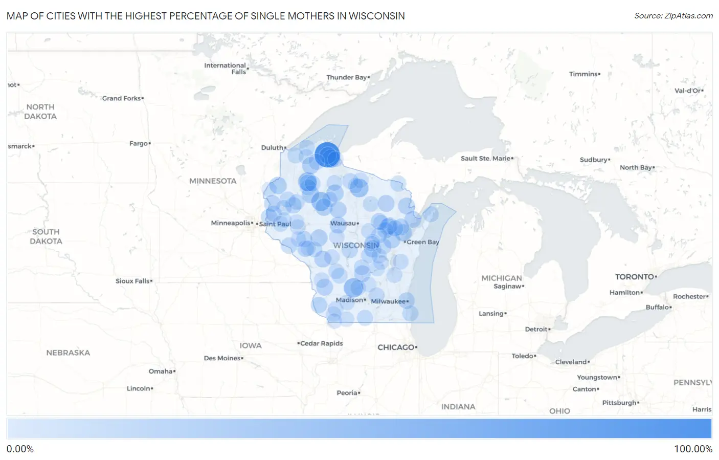 Cities with the Highest Percentage of Single Mothers in Wisconsin Map