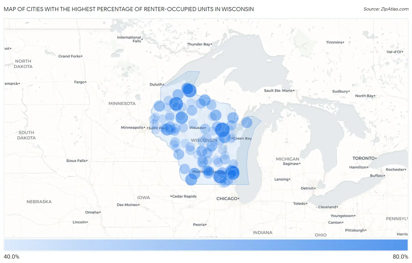 Cities with the Highest Percentage of Renter-Occupied Units in Wisconsin Map