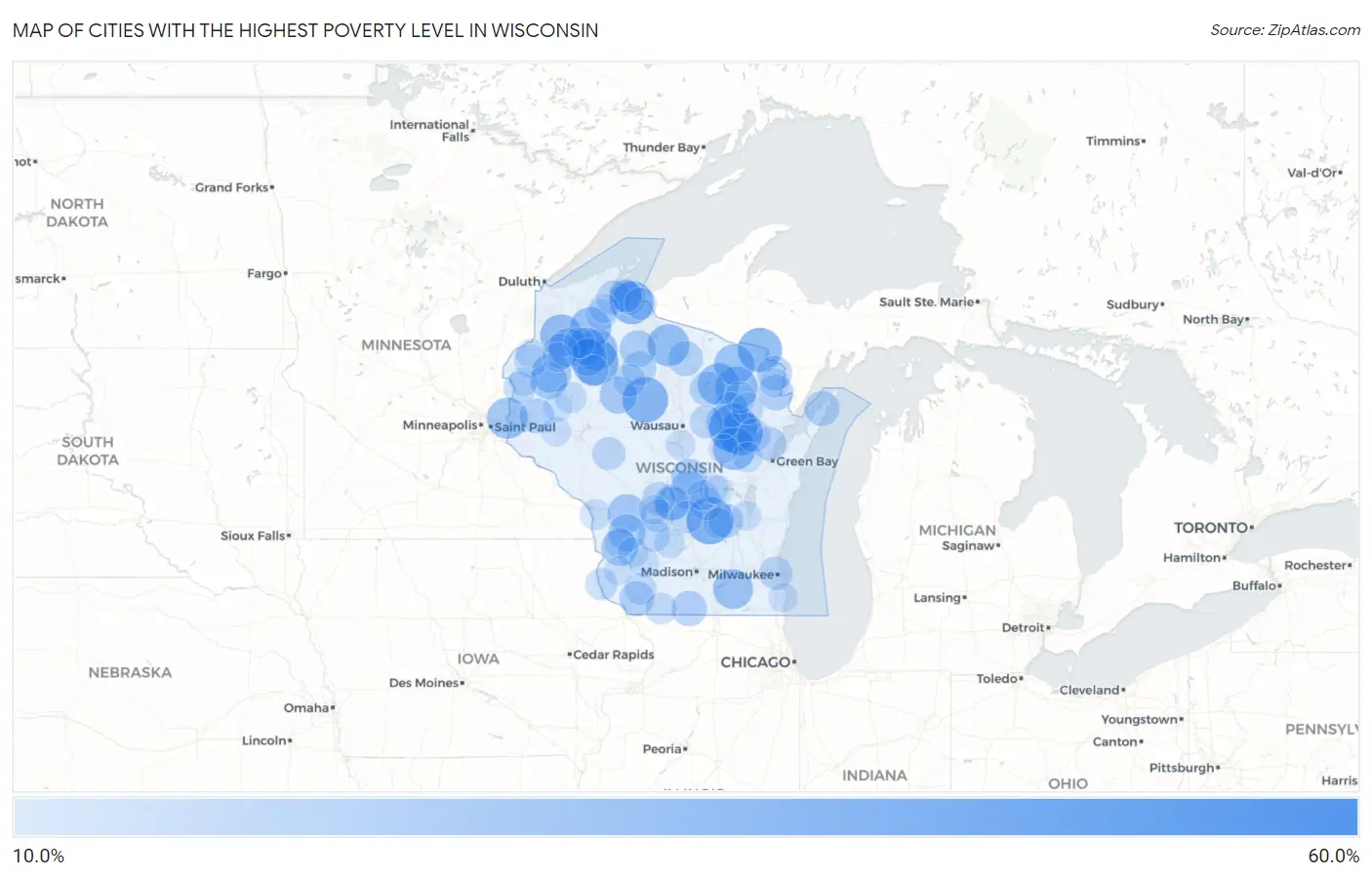 Cities with the Highest Poverty Level in Wisconsin Map