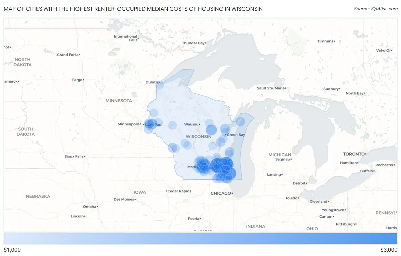 Cities with the Highest Renter-Occupied Median Costs of Housing in Wisconsin Map