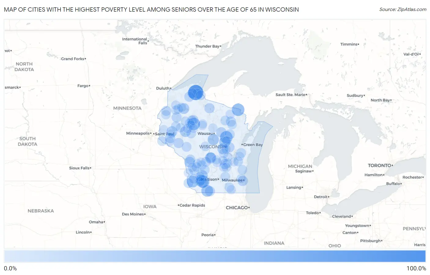 Cities with the Highest Poverty Level Among Seniors Over the Age of 65 in Wisconsin Map