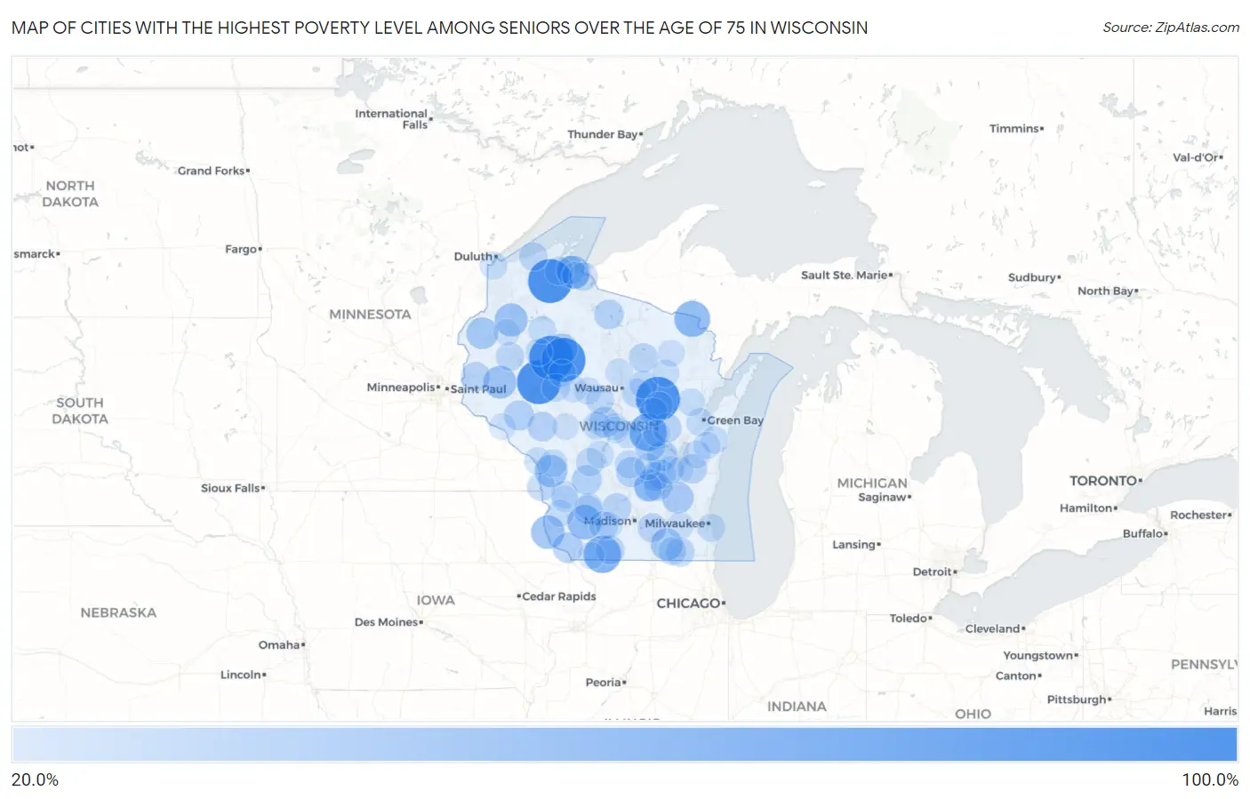Cities with the Highest Poverty Level Among Seniors Over the Age of 75 in Wisconsin Map