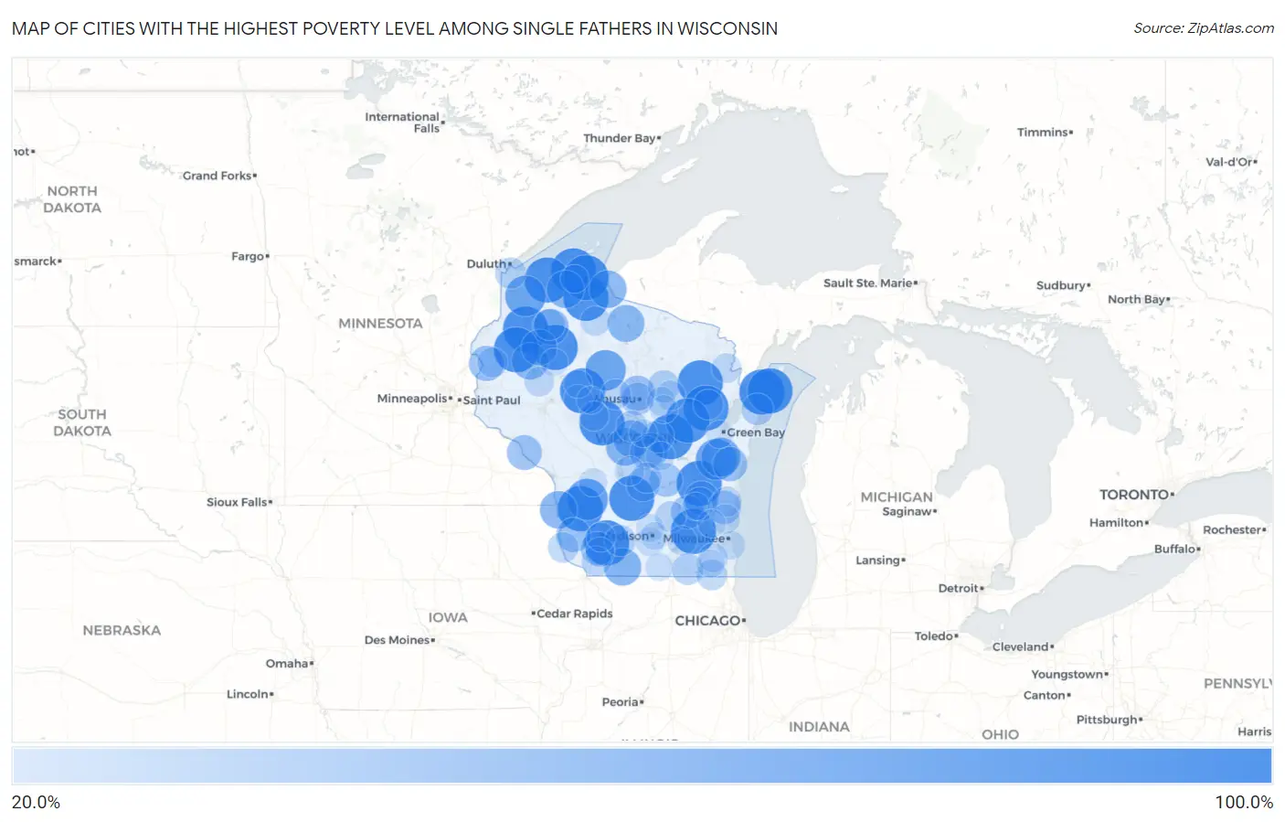 Cities with the Highest Poverty Level Among Single Fathers in Wisconsin Map