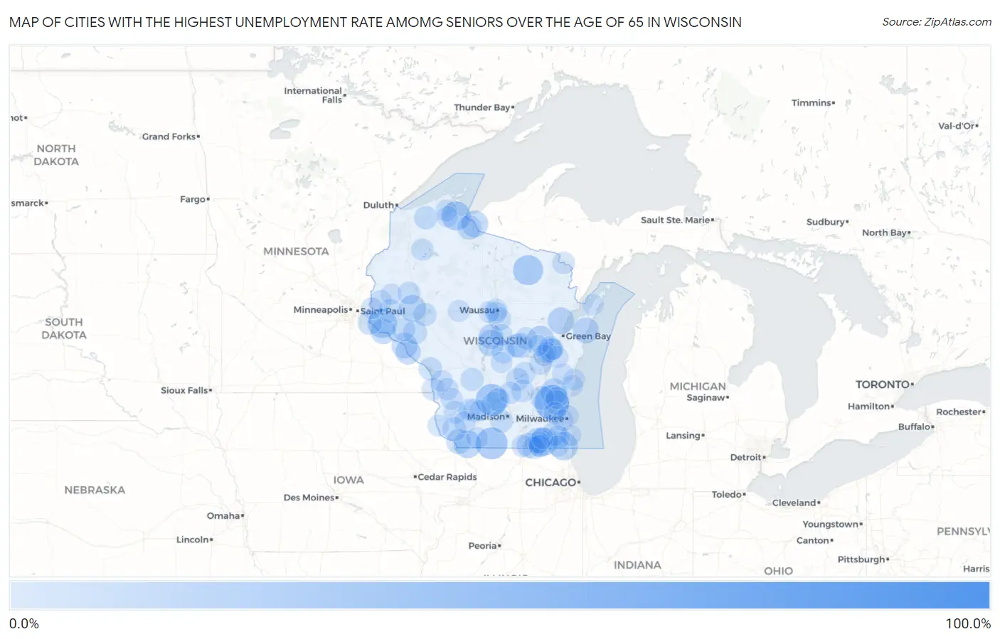 Cities with the Highest Unemployment Rate Amomg Seniors Over the Age of 65 in Wisconsin Map