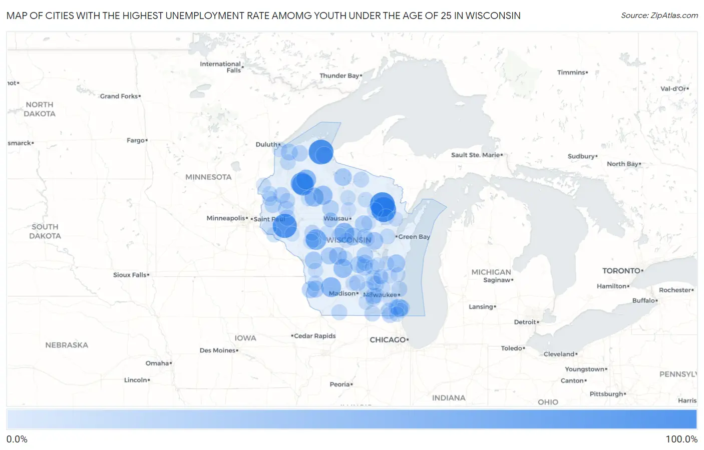 Cities with the Highest Unemployment Rate Amomg Youth Under the Age of 25 in Wisconsin Map