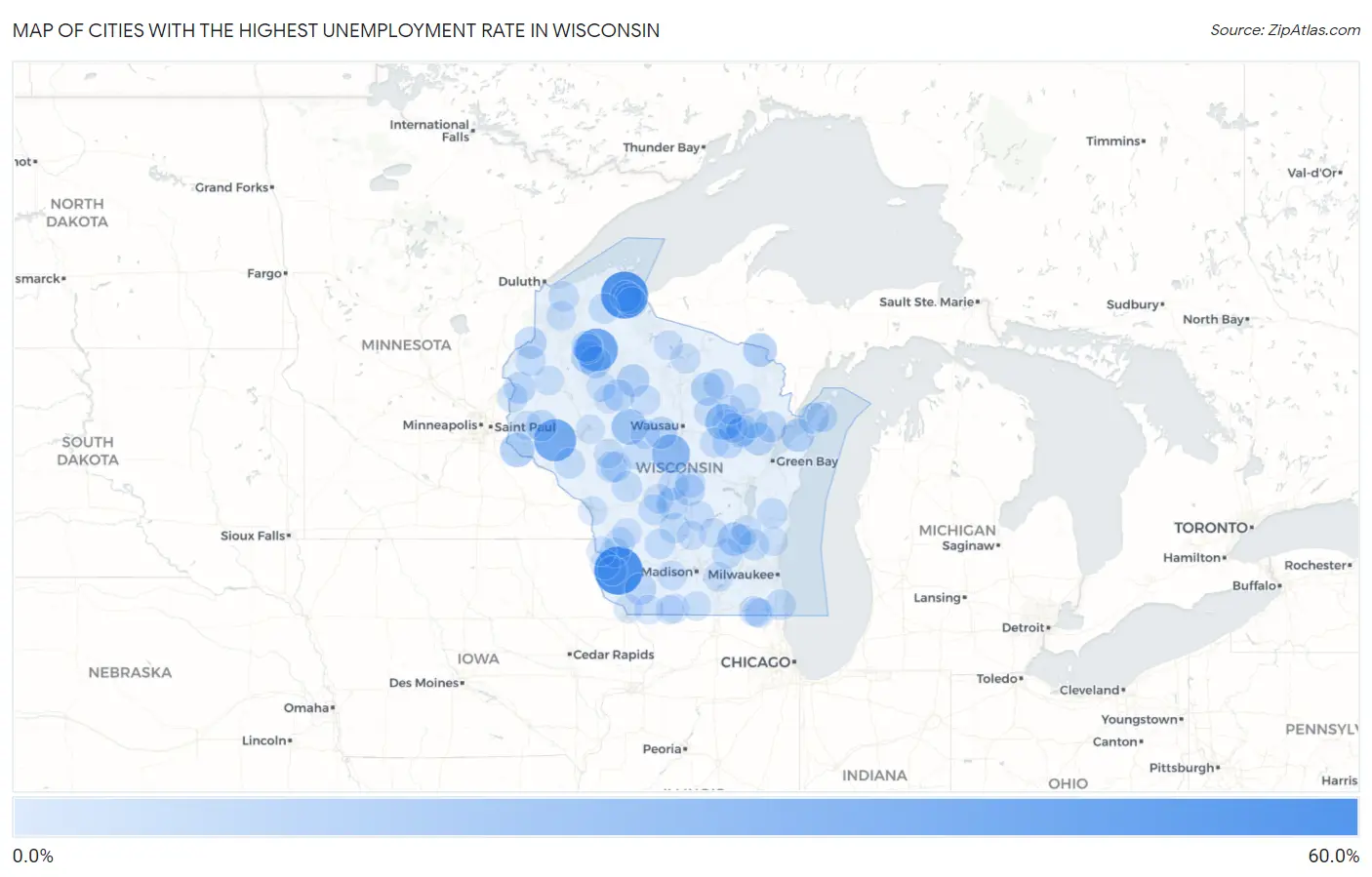 Cities with the Highest Unemployment Rate in Wisconsin Map